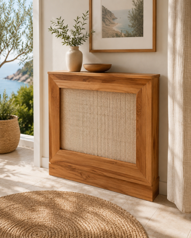 Mueble de madera con panel enredado, decorado con un jarrón y vista al mar.
