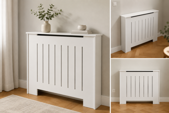 Radiador blanco moderno con diseño de paneles en un entorno minimalista.