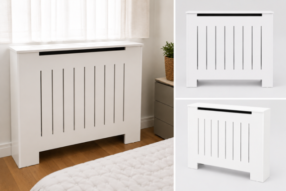 Radiador blanco con diseño de lamas, ubicado junto a una ventana y una planta.