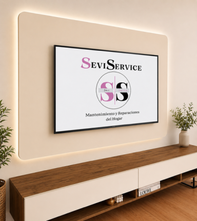 Logotipo de "SEVI SERVICE" sobre fondo claro, acompañado de un mueble en color madera.