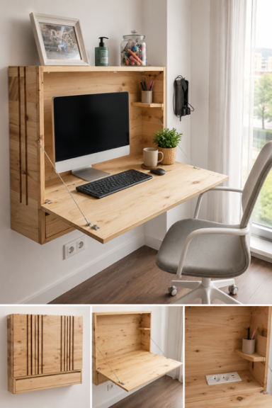 Escritorio de madera pared con ordenador, silla y estanterías integradas. Ambiente luminoso.