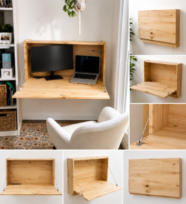 Escritorio de pared de madera con espacio para monitor y portátil, diseño funcional y moderno.