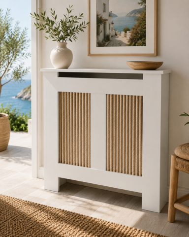 Mueble blanco con puertas de tiras, decorado con planta y vistas al mar.