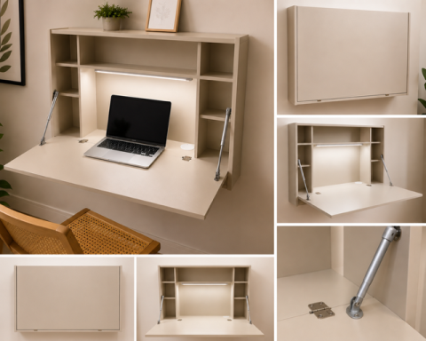 Escritorio plegable con estantes y luz LED, diseñado para ahorrar espacio en interiores.