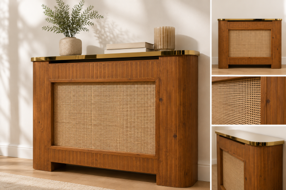 Mueble de madera con panel de ratán y detalles dorados, decorado con plantas y velas.