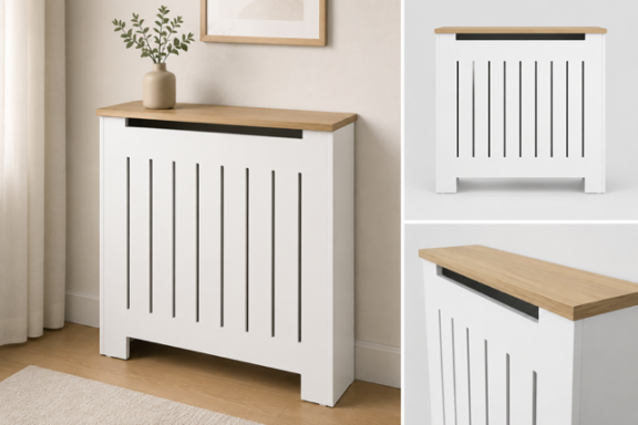 Radiador decorativo blanco con tapa de madera, situado en un entorno moderno y luminoso.