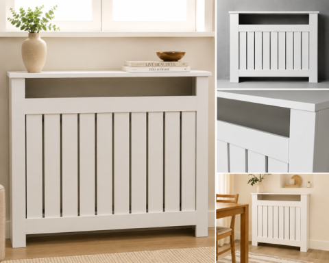 Radiador decorativo blanco con diseño de lamas, ubicado en una habitación luminosa.