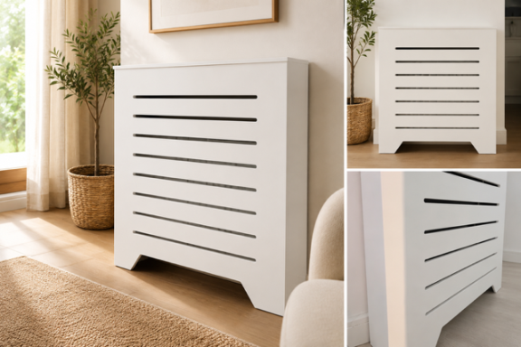 Radiador blanco de diseño moderno con ranuras, ubicado en un ambiente luminoso.