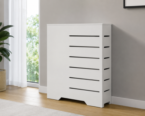 Mueble blanco con seis cajones, ubicado en una habitación iluminada.