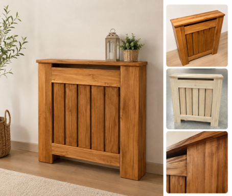 Mueble de madera en tonos claros, con diseño de lamas y almacenamiento superior.