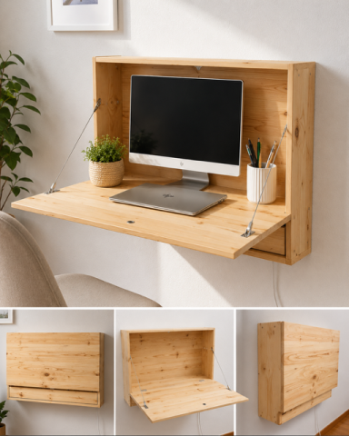 Escritorio de pared de madera con monitor, maceta y utensilios de oficina organizados.
